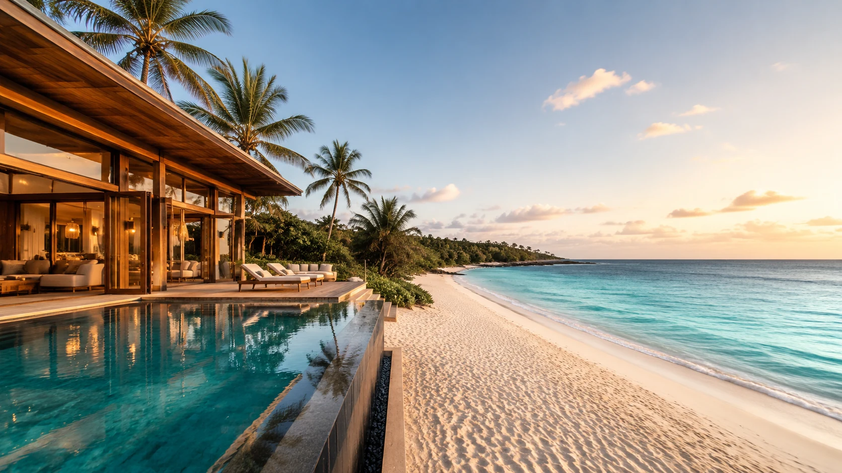 Luxury beachfront home beside clear blue water