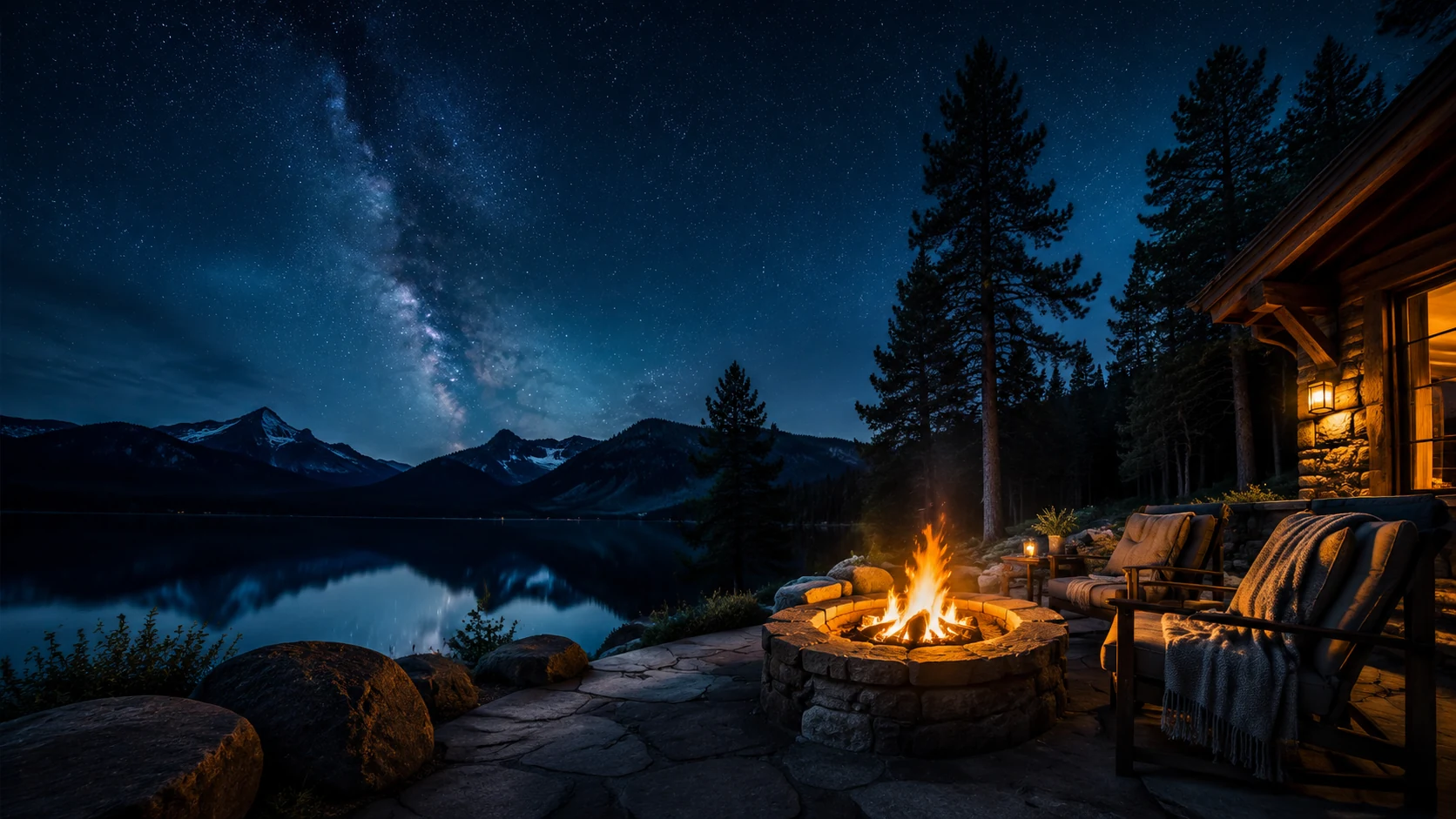 Lakeside campfire and cabin beneath the Milky Way