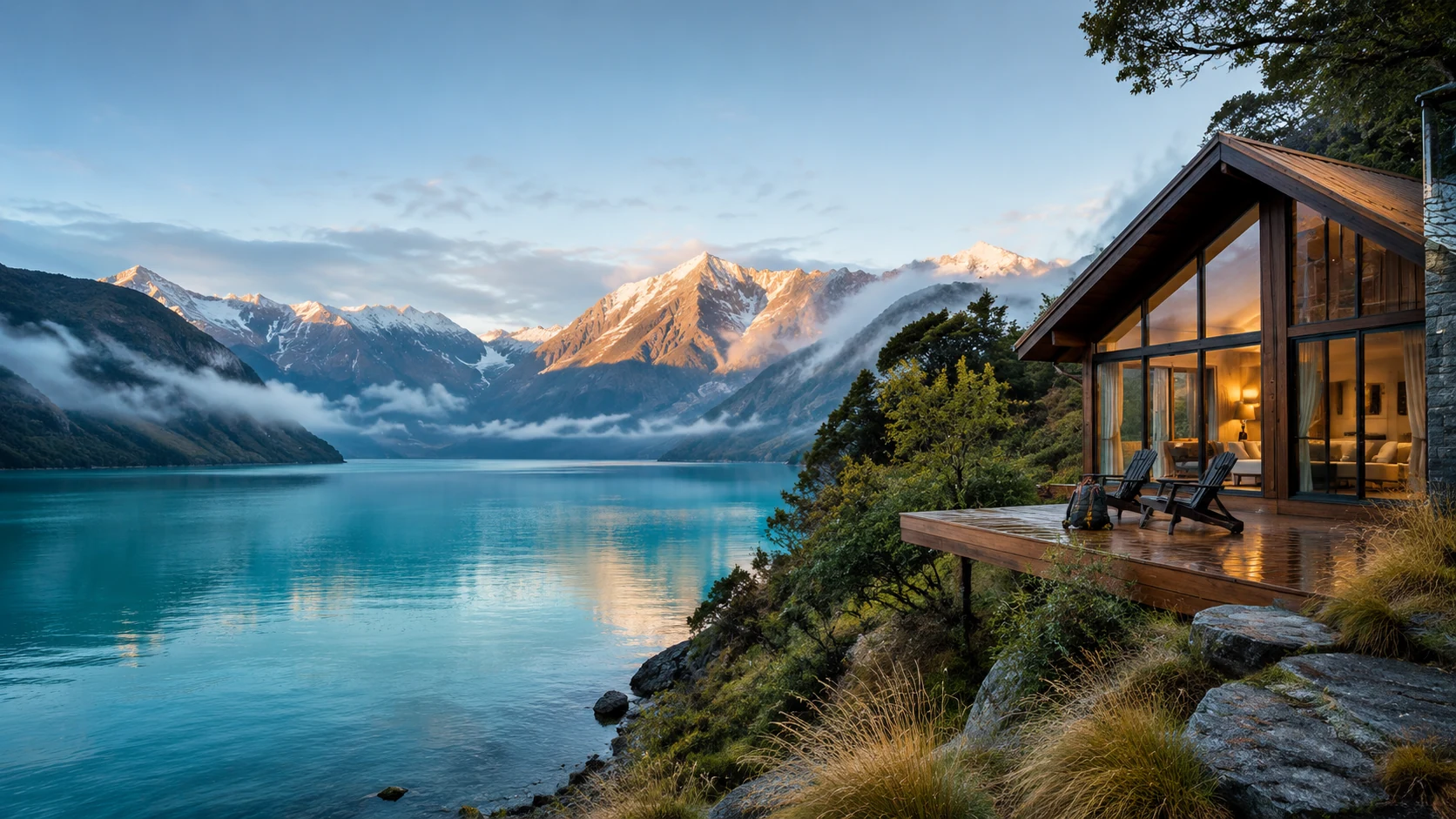 Alpine lodge overlooking a vivid blue New Zealand lake