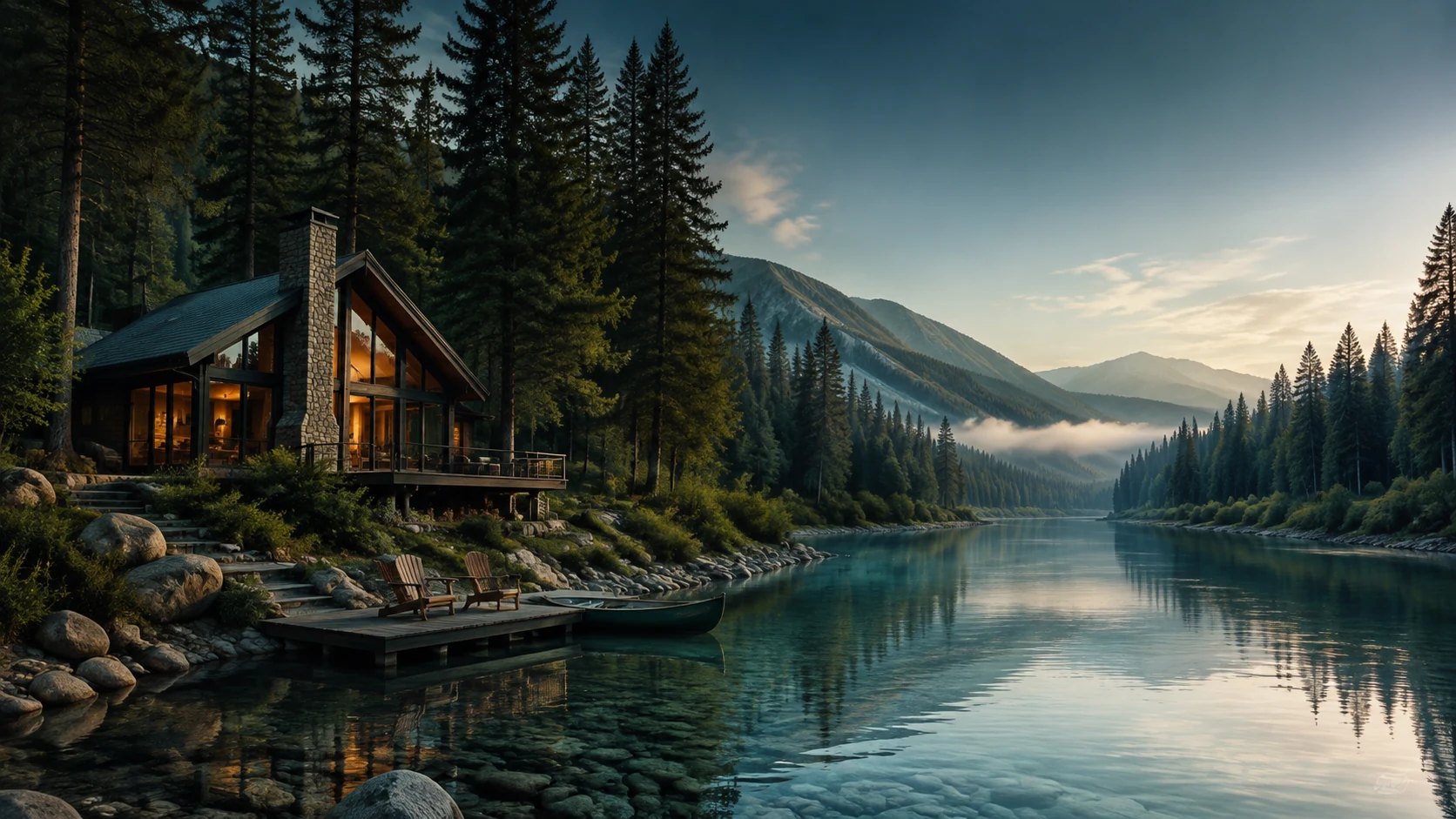 Warm riverside lodge beside a clear mountain river
