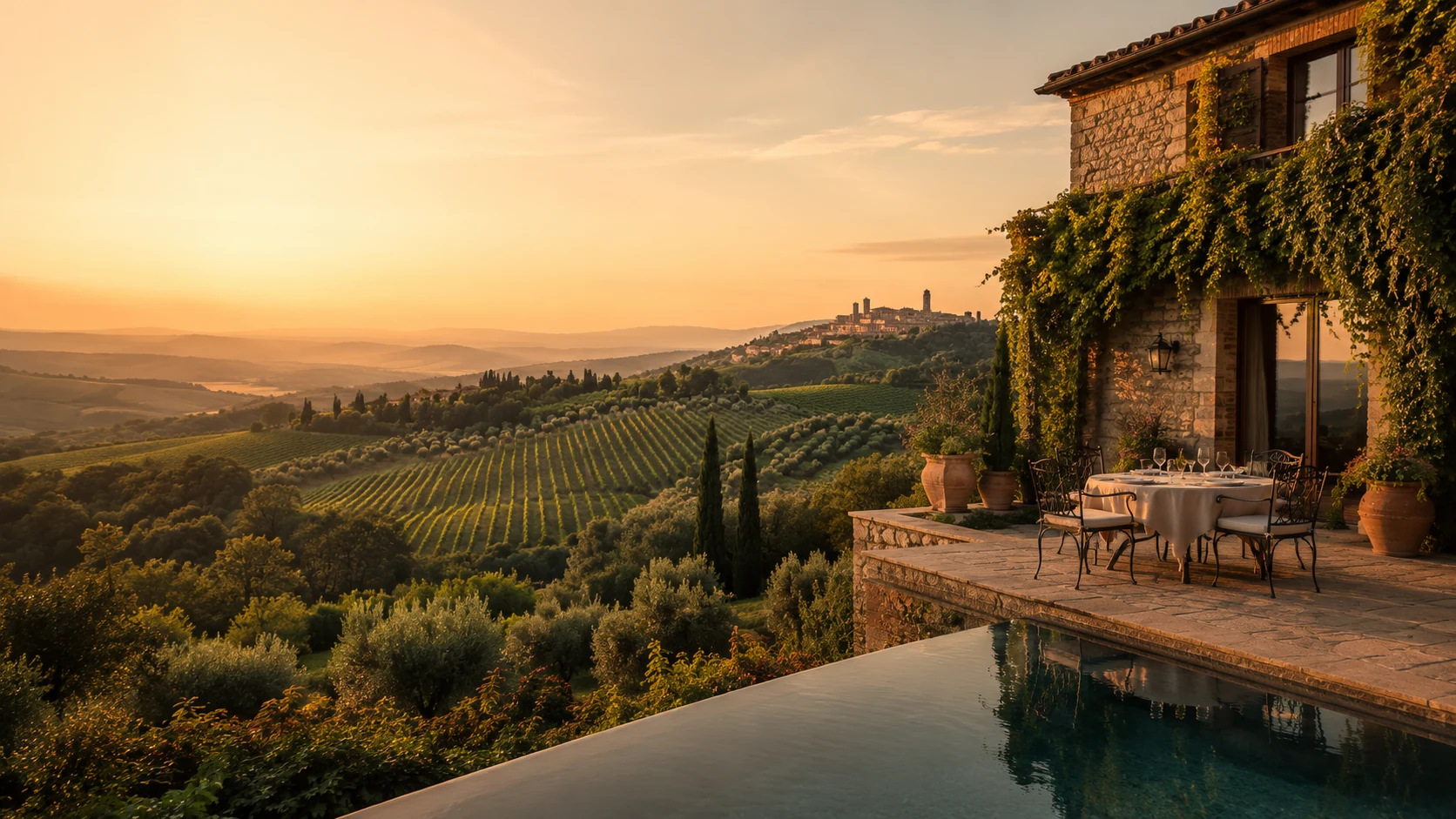 Tuscan villa at sunset overlooking vineyards and rolling hills