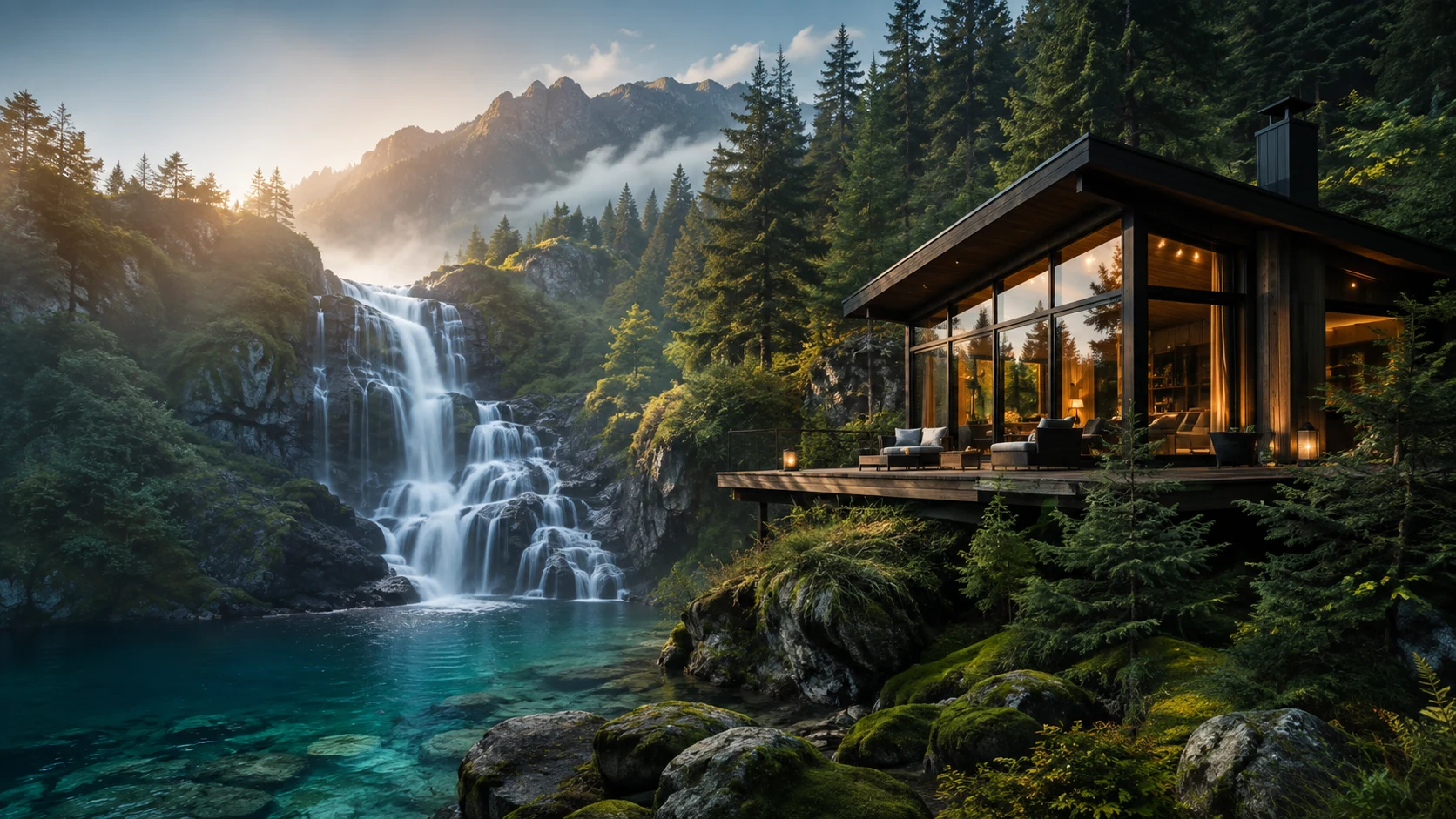 Modern forest cabin overlooking a dramatic mountain waterfall