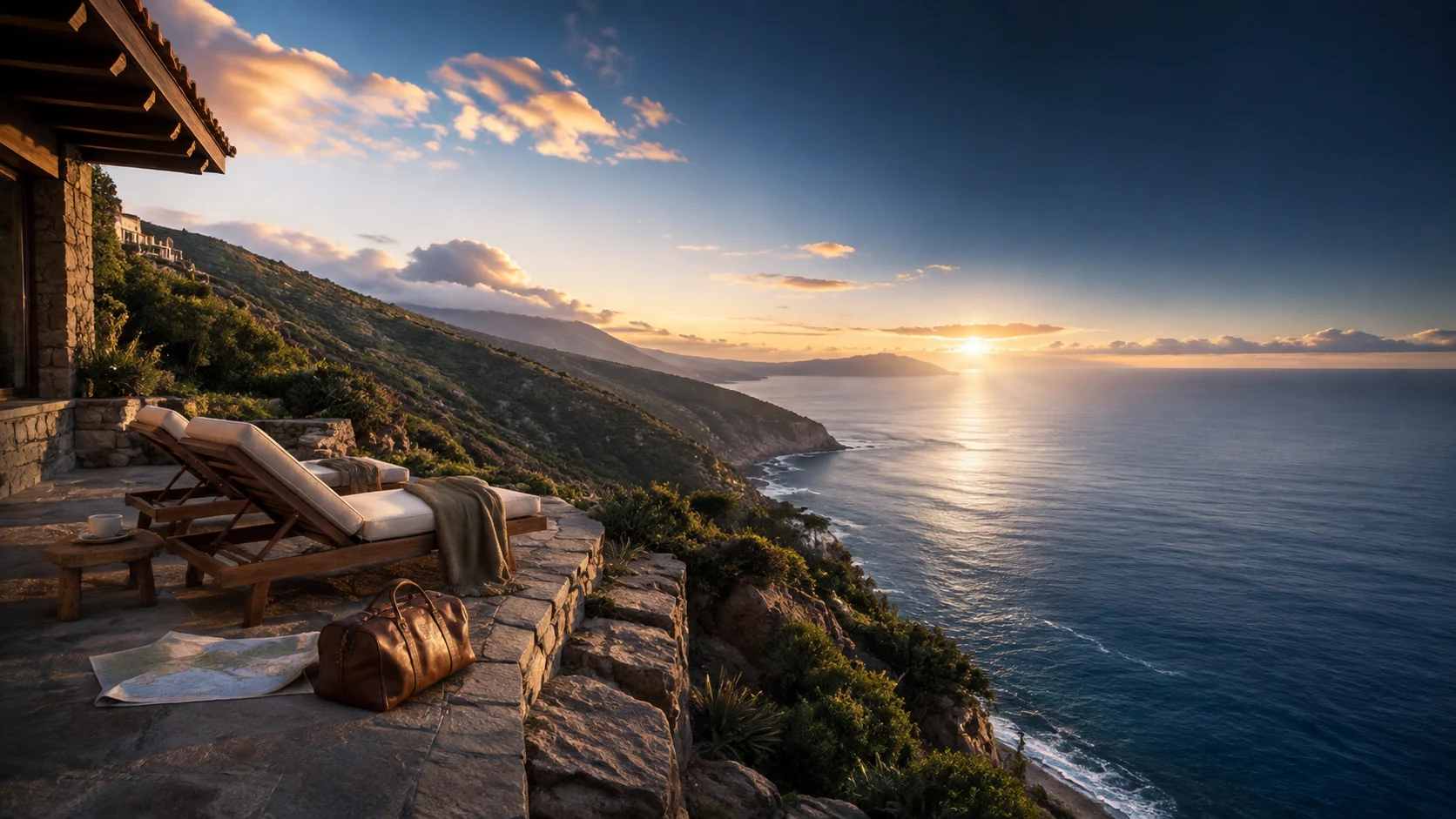 Coastal travel retreat overlooking the ocean at sunset